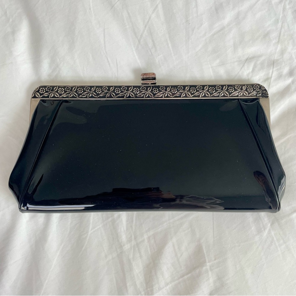 Vintage Black Patent Leather Vinyl Floral Clutch Evening Bag